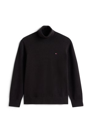 Jersey negro de cuello alto y manga larga con puños y bajo acanalados, con un pequeño logo en rojo, blanco y azul en el pecho.