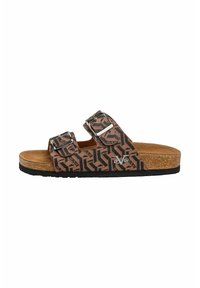Bruine sandalen met een patroon en twee verstelbare gespen, kurken voetbed en zwarte rubberen zool. Heeft een geometrisch ontwerp en een logo-accent.