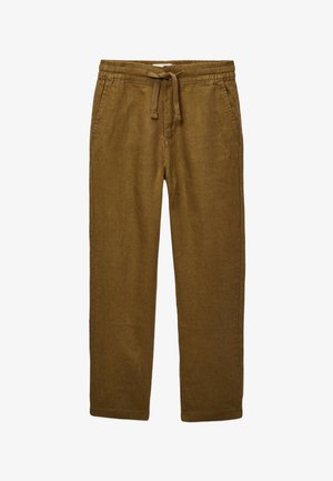 Pantalon marron droit avec taille élastique et cordon, avec poches latérales et un design simple et décontracté.