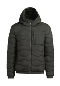 Dunkelgrüne Pufferjacke mit Kapuze, wellenförmigem Muster, Frontreißverschluss und seitlichen Taschen. Leicht und isoliert.