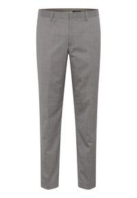 Pantaloni eleganți de culoare gri deschis, cu un model subtil de dungi, având front plat, picioare drepte și bucle pentru curea. Fabricati din țesătură țesută.