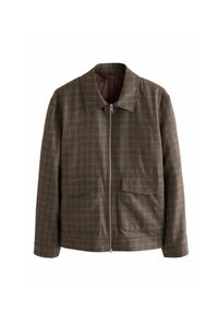 Brown plaid jacket with a zip front, collared neck, two front pockets, and a quilted interior lining. Made from a textured fabric.