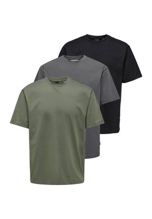 Set aus drei T-Shirts mit kurzen Ärmeln in Olivgrün, Grau und Schwarz. Baumwollstoff, Rundhalsausschnitt, lockere Passform, keine Muster oder Akzente.