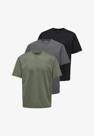 Set of three short-sleeve T-shirts in olive green, grey, and black. Cotton fabric, crew neck, relaxed fit, no patterns or accents.