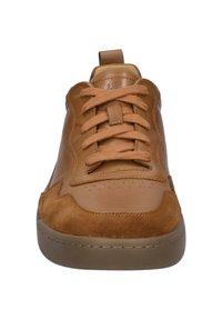 Sneakers z jasnej skóry i zamszu, o okrągłym nosku, zapinane na sznurówki, o miękkiej fakturze. Posiada perforacje i gumową podeszwę.