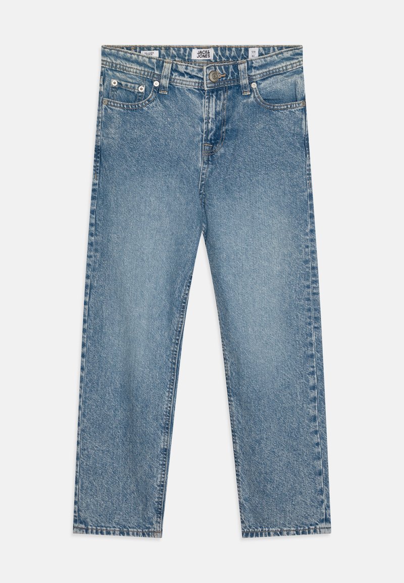 Light blue denim jeans with a straight-leg design, featuring a five-pocket style, standard waistband, and subtle fading throughout.