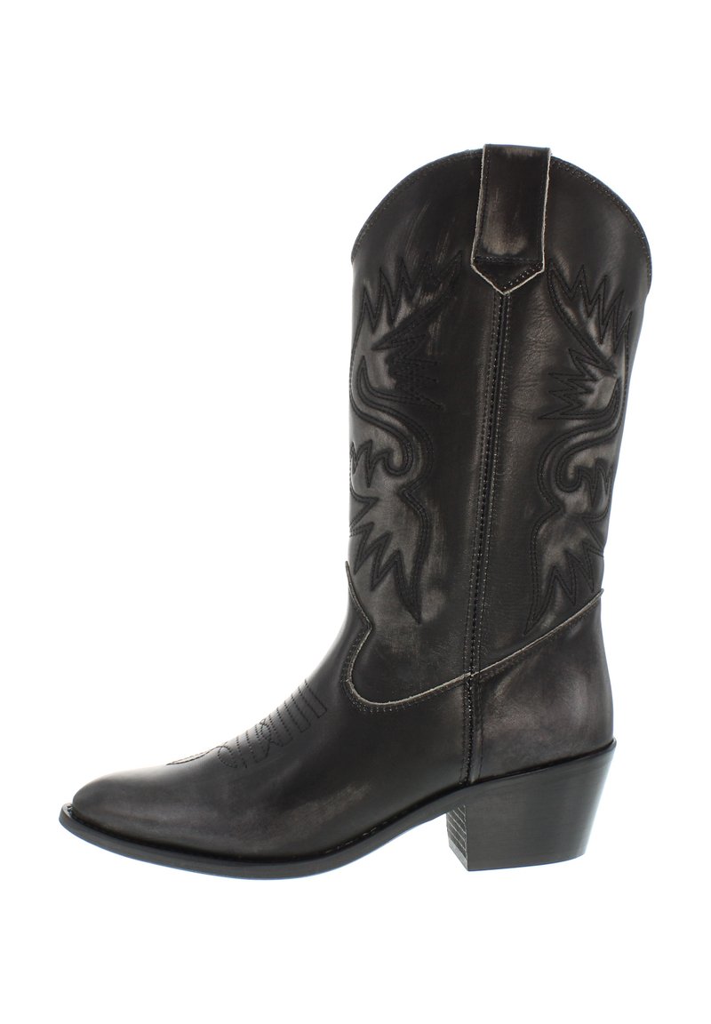 Black leather cowboy boot with embroidered patterns, pointed toe, and a stacked heel. Features a pull tab at the back for easy wear.