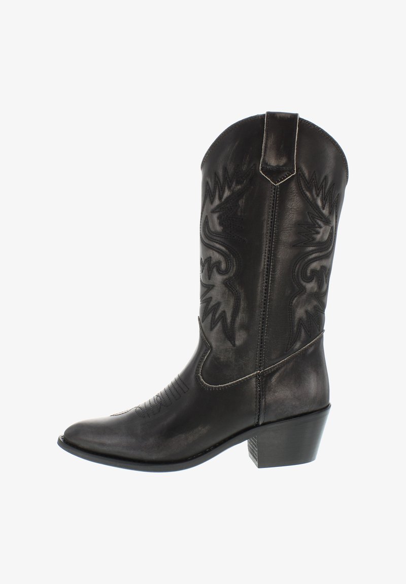Black leather cowboy boot with embroidered patterns, pointed toe, and a stacked heel. Features a pull tab at the back for easy wear.