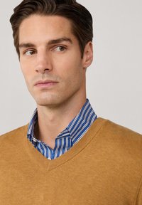 Giovane uomo con capelli scuri ben pettinati, che indossa una camicia a righe blu sotto un maglione giallo senape a scollo a V, che guarda leggermente di lato.