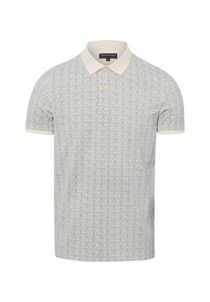 Krótka biała koszulka polo z jasnoszarym geometrycznym wzorem, beżowym kołnierzykiem i plisą na dwa guziki.