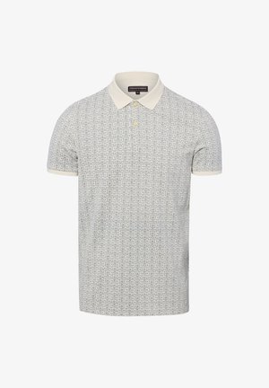 Krótka biała koszulka polo z jasnoszarym geometrycznym wzorem, beżowym kołnierzykiem i plisą na dwa guziki.