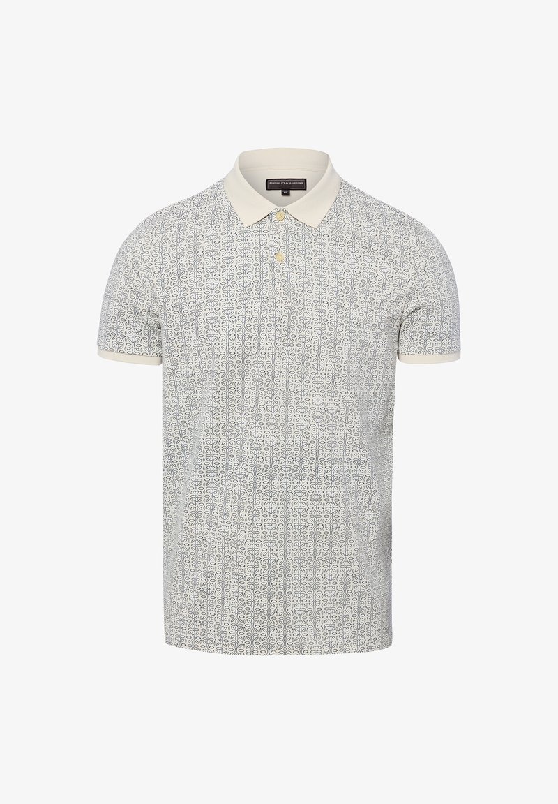 Krótka biała koszulka polo z jasnoszarym geometrycznym wzorem, beżowym kołnierzykiem i plisą na dwa guziki.