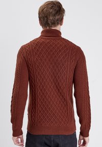 Pull en maille marron avec des motifs en relief de torsades, col et poignets côtes, conçu de manière ajustée et de couleur uniforme.