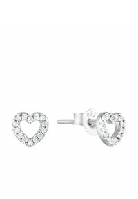 Silverfärgade hjärtformade örhängen med en texturerad kant och dekorerade med klara kristaller längs kanten. Med tryckknappsstängning.