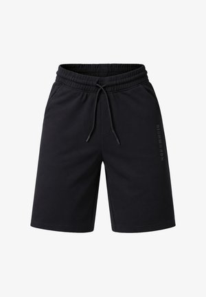 Pantaloncini sportivi neri con vita elastica, coulisse regolabile, tasche laterali e logo discreto sulla gamba destra.