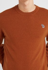 Brown knitted sweater featuring a round neckline, long sleeves, and a small, colorful horse emblem on the chest.