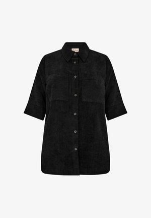 Chemise en velours côtelé noir à manches courtes, avec un devant à boutons, deux poches poitrine et un tissu côtelé texturé. Design à coupe droite.