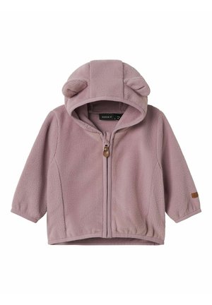 Blød lilla småbørnsjakke med hætte med små stofører, lynlås foran og lange ærmer.