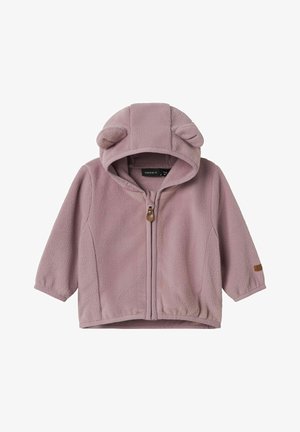 Miękka purpurowa kurtka dla malucha z kapturem, ozdobiona małymi uszkami z tkaniny, z przednim zamkiem błyskawicznym i długimi rękawami.