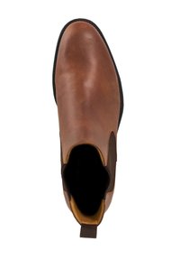 Brown leather ankle boot with elastic side panels, rounded toe, and a black rubber sole; includes a pull tab for easy wear.