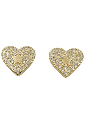 Orecchini a forma di cuore in oro adornati con rhinestone trasparenti e una stella dorata centrale. Superficie liscia con un effetto texture dato dalle pietre.