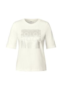 T-shirt en coton blanc à manches courtes et col rond. Présente un imprimé graphique argenté avec du texte centré sur le devant.