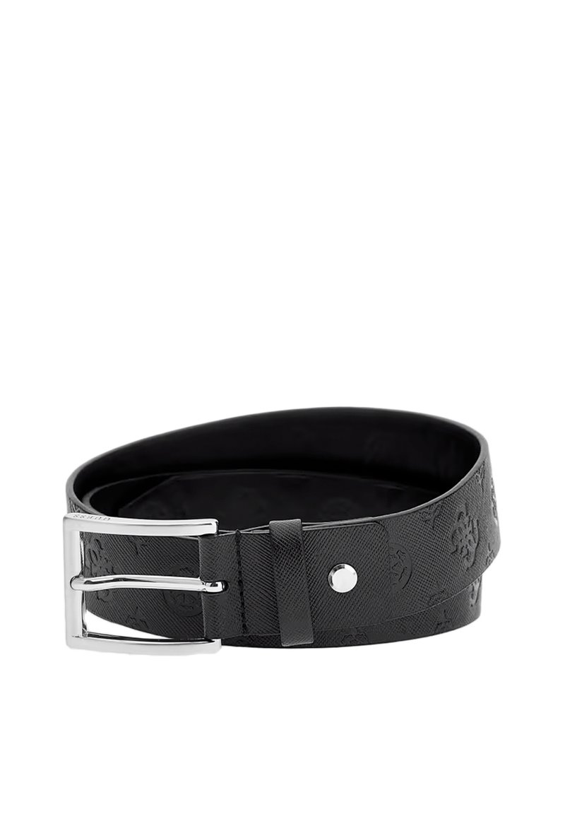 Zwarte leren riem met een reliëf bloemmotief, voorzien van een zilveren metalen gesp en een studdetail, vlak design, gladde textuur.