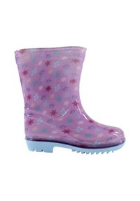Botte de pluie pour enfants violette avec semelle bleue, décorée de petits motifs colorés de fleurs et de feuilles.