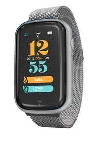 Smartwatch fitness con display touch rectangolare nero, cinturino in mesh metallico argento, display digitale colorato e metriche di monitoraggio della salute.