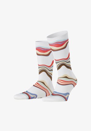 White socks featuring a wavy pattern in red, blue, brown, and beige, with a smooth cotton texture and mid-calf height.