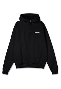 Sweat à capuche zippé noir en tissu doux, avec une poche avant, des poignets et un ourlet côtelés, et le logo "PEGADOR" en blanc sur la poitrine.