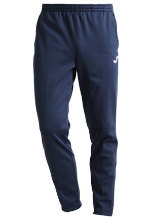Navy blue athletic pants made of smooth, lightweight fabric. Features an elastic waistband and a small white logo on the side.