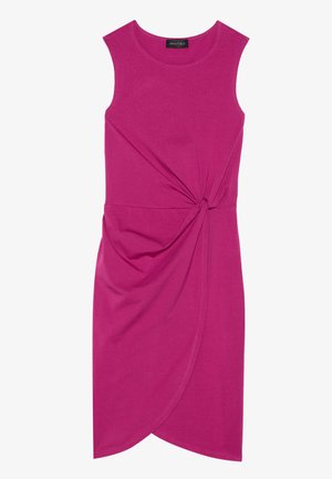 Fuchsia ärmelloses Kleid mit rundem Ausschnitt, das auf einer Seite mit einem gedrehten Knoten versehen ist und einen asymmetrischen Saum hat. Hergestellt aus weichem Stoff.