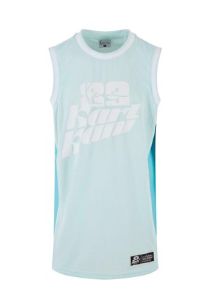 Hellblaues sportliches ärmelloses Trikot mit weißer Einfassung, weißem "88 Kart Kani" Schriftzug und Grafiken auf der Vorderseite sowie einem schwarzen Etikett in der Nähe des Saums.