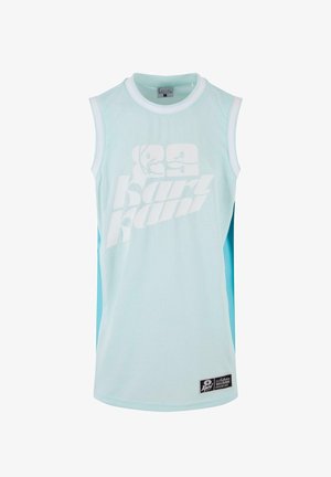 Lichtblauw mouwloos sportshirt met witte rand, witte tekst en afbeeldingen "88 Kart Kani" op de voorkant en een zwart label near zoom.