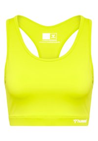 Neon żółty stanik sportowy z dekoltem w serek, designem typu racerback i detalem z logo na dole. Gładka struktura i dopasowany krój.