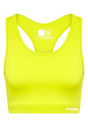 Neon gele sportbeha met een ronde halslijn, racerback ontwerp en logo-detail aan de onderkant. Glad textuur en aangesloten pasvorm.