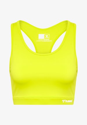 Neon żółty stanik sportowy z dekoltem w serek, designem typu racerback i detalem z logo na dole. Gładka struktura i dopasowany krój.