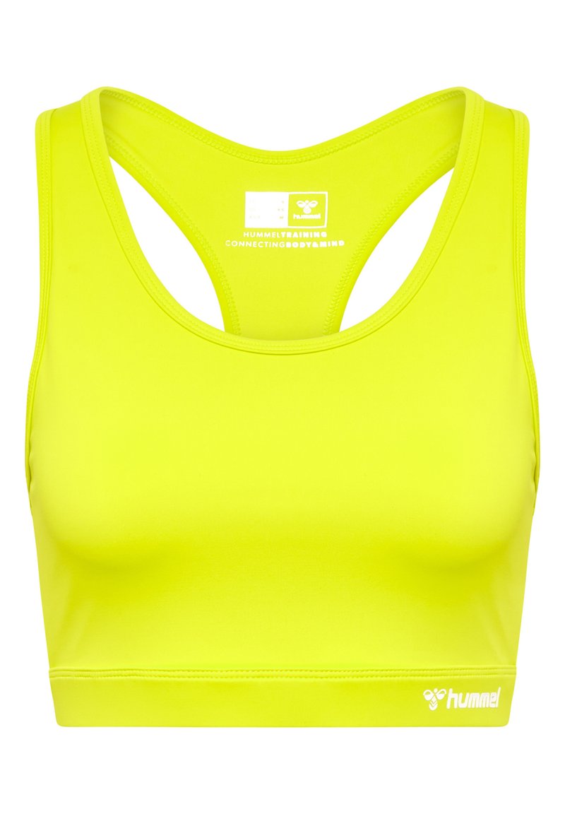 Neon żółty stanik sportowy z dekoltem w serek, designem typu racerback i detalem z logo na dole. Gładka struktura i dopasowany krój.