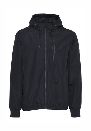 Black lightweight jacket with a hood, elastic cuffs, a front zipper, and a chest pocket. Smooth texture and minimalist design.