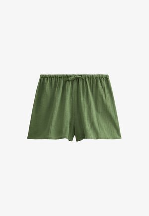 Lichtgroene katoenen shorts met een elastische tailleband en trekkoord, met een losse pasvorm en een zachte textuur. Eenvoudig, onopgemaakt ontwerp.