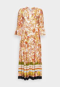 Maksimekko pitkähihaisilla, leveillä hihansuilla, syvällä V-päällä, kukka- ja paislekuvioinnilla oranssi, keltainen, vihreä ja monivärinen reunus helmassa.