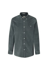 Camicia in velluto a coste grigia, maniche lunghe, colletto button-down, bottoni bianchi, logo discreto sul petto e finitura in tessuto testurizzato.