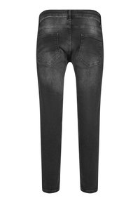 Fekete farmernadrág slim fit szabással, két hátsó zsebbel és sima textúrával. Az anyag enyhén fényes és kicsit kopott.