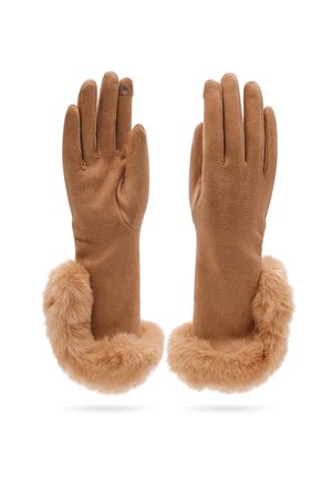 Un paio di guanti in suede marrone con polsini in pelliccia morbida, un guanto mostra il lato del palmo e l'altro il lato posteriore.