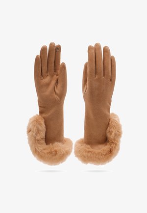 Un paio di guanti in suede marrone con polsini in pelliccia morbida, un guanto mostra il lato del palmo e l'altro il lato posteriore.