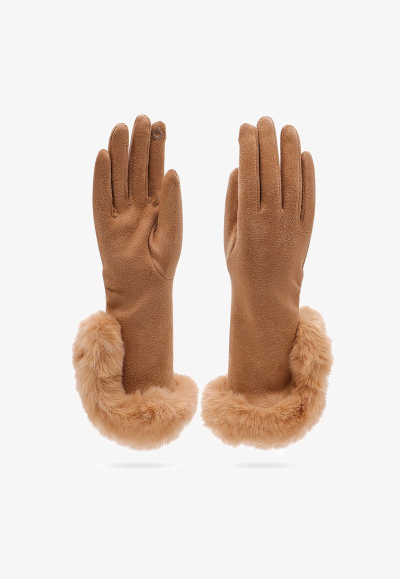Un paio di guanti in suede marrone con polsini in pelliccia morbida, un guanto mostra il lato del palmo e l'altro il lato posteriore.