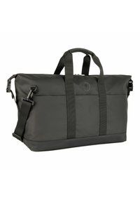 Czarna torba typu duffel wykonana z wytrzymałego nylonu. Posiada podwójne uchwyty, regulowany pasek na ramię oraz subtelne logo. Elegancki i minimalistyczny design.