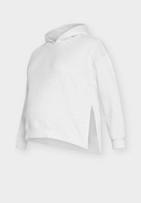 Φόρμα φούτερ ανοιχτογκρι κατασκευασμένη από απαλό ύφασμα, με μπροστινή τσέπη, βαθιές πλαϊνές σχισμές και κουκούλα με κορδόνι. Σχεδιασμένη με άνετη γραμμή και μακριά μανίκια.