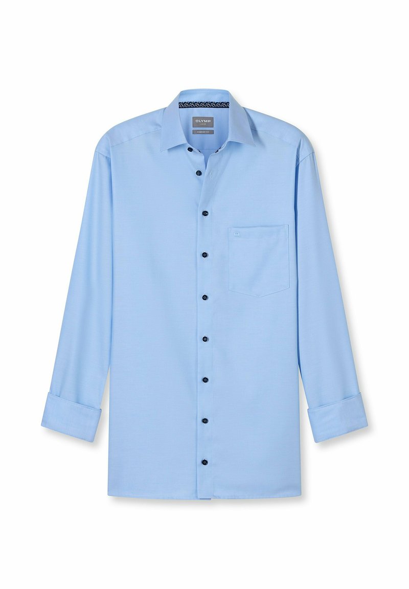 Lichtblauw overhemd met lange mouwen voor mannen, met knoopsluiting aan de voorkant, één borstzak en opgevouwen manchetten.